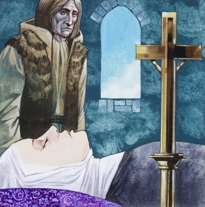 Sir Lancelot megérkezik a zárdába, ahol Guinivere királynő már meghalt. alkotó: Richard Hook