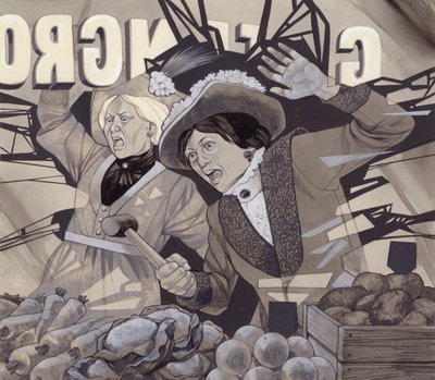 Szuffrazsettek ablakokat törnek be (gouache, papír) alkotó: Richard Hook