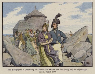 III. Frigyes Vilmos király és Lujza porosz királyné von Schaffgotsch gróf családja társaságában a Schneekoppén, 1800. augusztus (színes litó) alkotó: Richard Knotel