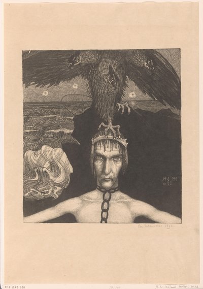 Leláncolt ember háromfejű ragadozómadárral a fején Anangke (Destiny) (eredeti cím) alkotó: Richard Nicolaüs Roland Holst