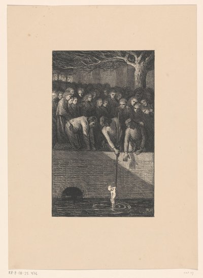 Az ember egy baba testét húz ki a csatornából A csatorna kihányja nyomorúságát (eredeti cím) alkotó: Richard Nicolaüs Roland Holst