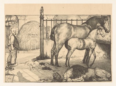 Két ló egy szénatartónál egy istállóban Az állami állványnál (eredeti cím) alkotó: Richard Nicolaüs Roland Holst