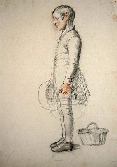 Egy fiú áll, kezében egy kosár, egy dolgozószoba a „Szolgálatba menéshez” (ceruza papíron) alkotó: Richard Redgrave