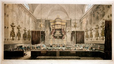 Kilátás a Lordok Házára, a Nagy-Britannia parlamentjének felsőházára. Rothwell metszete. 19. századi Parker Gallery, London alkotó: Richard Rothwell