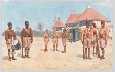A Gold Coast Ezred katonái a Kumasi-i ezred főhadiszállásán kívül alkotó: Richard Simkin