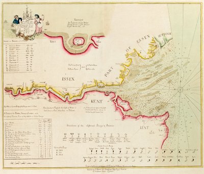 A Temze folyó térképe Londontól a Nore-ig, Margate-ig és a Downs-ig, az északi, a középső és a déli csatornákig, 1789-ben és 90-ben készült felmérésből. alkotó: Richard Stanier