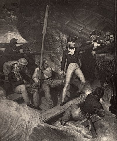 Nelson hadnagy önként jelentkezik egy díjra egy heves viharban, illusztráció Robert Southey (1774-1843) „The Life of Nelson” című művéből, amely először 1813-ban jelent meg. alkotó: Richard Westall