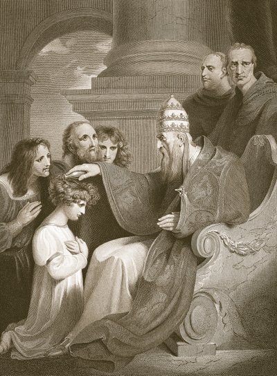 Alfréd herceg III. Leó pápa előtt, metszet J. Stow-tól, illusztráció David Hume "The History of England" című művéből, kiadta R. Bowyer, London, 1812. alkotó: Richard Westall