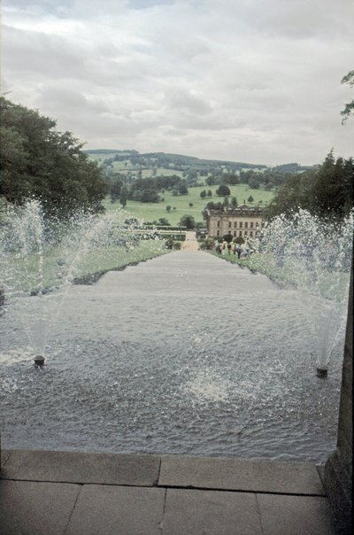 Chatsworth-ház a Cascade tetejéről, Derbyshire, 1980-as évek alkotó: Richard Williams