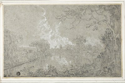 A Dee folyó partja Eaton Hall közelében, Cheshire, 1759 körül (fekete-fehér kréta kék fektetett papíron, kártyára fektetve) alkotó: Richard Wilson