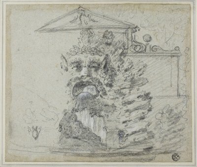 „Il Mascherone”, Rocaille-kút a Villa Borghese földjén, 1754 körül (fekete kréta, fehér krétával és grafittal kiemelve, kék fektetett papíron, kártyára fektetve) alkotó: Richard Wilson
