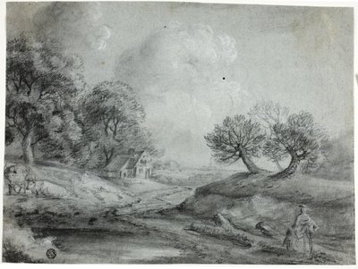 Táj nővel és tehenekkel (fekete kréta domborulattal, fehér krétával kiemelve, kék fektetett papíron) alkotó: Richard Wilson