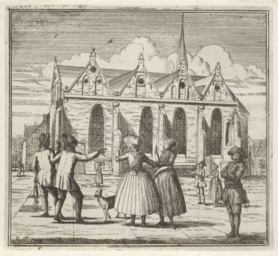 Férfiak és nők egy téren a Grote Kerk közelében Leeuwardenben A tél. (sorozat címe) Téli jelenetek (sorozat címe) alkotó: Rienk Jelgerhuis