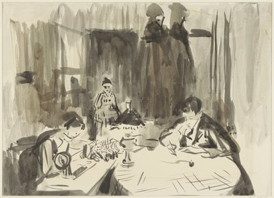 Belső három figurával lámpafénynél alkotó: Rik Wouters