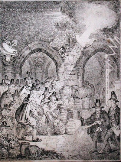 Az ellenzék megpróbálja felrobbantani a Parlamentet, Thomas McLean adta ki 1835-ben (rézkarc) alkotó: Robert (after) Seymour