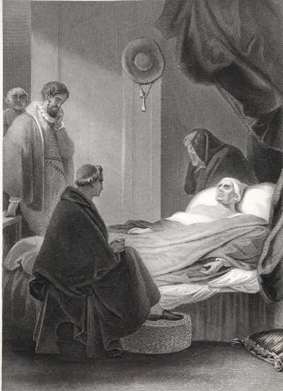 Wolsey bíboros halála, A.H. Payne metszet (litho) alkotó: Robert (after) Smirke