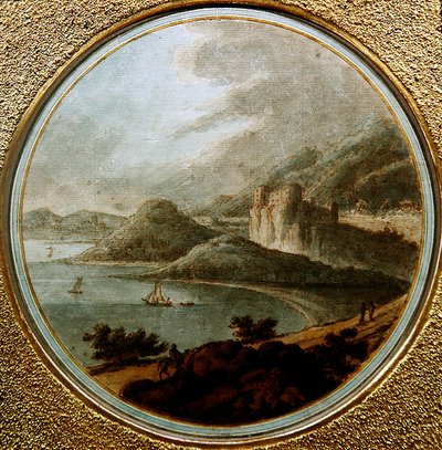 Tengeri öböl feletti kastély hajókkal, 1775 körül (toll és tus akvarellel papíron) alkotó: Robert (attr. to) Adam