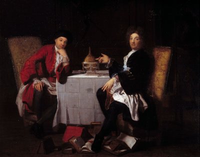 Két epikuros Két filozófus beszélget egy asztallal. Robert Tournieresnek (1668-1752) tulajdonított festmény, 18. századi Caen, Muse des Beaux Arts alkotó: Robert (attr. to) Tournieres