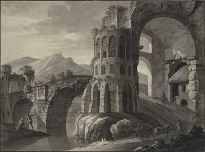 Építészeti fantázia. Antik híd romja, amelyet középkori tornyok szegélyeznek alkotó: Robert Adam