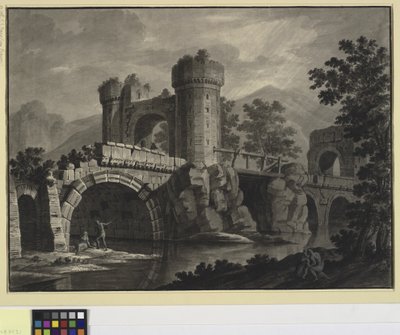 Építészeti fantázia egy romos hídról a tájban alkotó: Robert Adam
