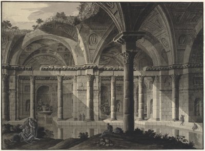 Egy antik fürdő építészeti fantáziája romos tetővel és figurákkal alkotó: Robert Adam