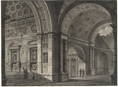 Építészeti fantázia egy ódon épület belsejéről, részben romos boltozatokkal alkotó: Robert Adam