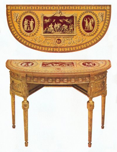 Az egyik Ádám-oldalas asztalpár, a teteje Pergolesi-módra festett, XVIII. alkotó: Robert Adam