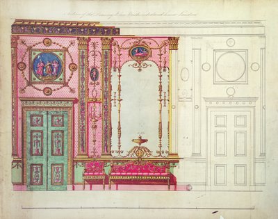 A szalon szekciója, Northumberland House, London; Végfal kialakítása (toll, tinta és wc) alkotó: Robert Adam
