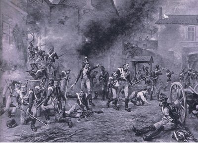 Hougoumont védelme 1815. június 18-án, illusztráció a brit szárazföldi és tengeri csatákból, 1915 alkotó: Robert Alexander Hillingford