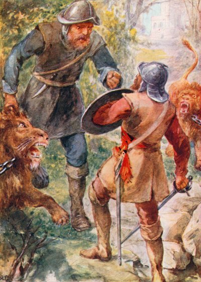 Greatheart megtámadja Giant Grim-et (színes litográfia) alkotó: Robert Ambrose (after) Dudley