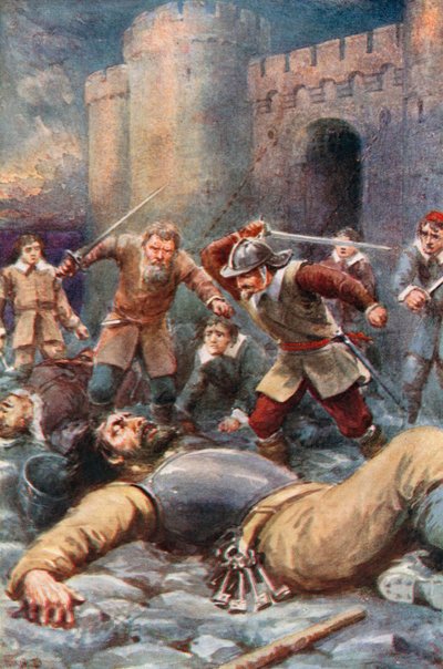 A zarándokok lerombolják a Kételyek várát (színes litográfia) alkotó: Robert Ambrose (after) Dudley