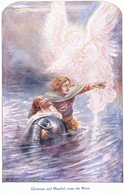 Christian and Hopeful átkel a folyón, a The Pilgrims Progress című könyvből, amelyet John F Shaw & Co adott ki, az 1900-as évek körül (színes litó) alkotó: Robert Ambrose Dudley