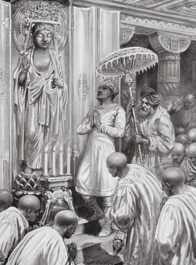 Kaniska beiktatja a mahájána (északi) buddhizmust, Kr. u. 100 (litográfia) alkotó: Robert Ambrose Dudley