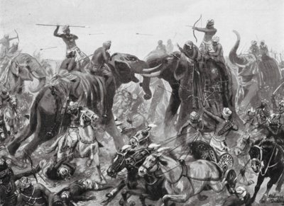 Pulikesin II Chalukhya legyőzése Mahamalla Pallava által Badamiban, Kr. u. 642 (litó) alkotó: Robert Ambrose Dudley