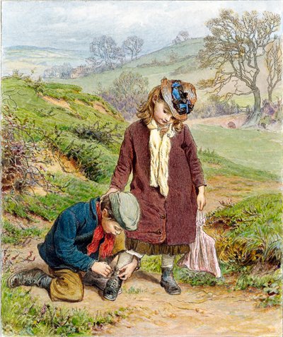 Testvér kötözi a nővérét cipőt, kocsma. 1854. alkotó: Robert Barnes