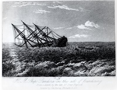 A H.M.S. Pandora elsüllyedése, John Barrow "A H.M.S. Bounty elleni kalóztámadás és kalózkodás eseménydús története: oka és következményei" című művéből, amelyet John Murray adott ki 1835-ben. alkotó: Robert Batty