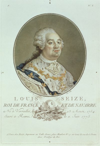 XVI. Lajos (1754-93) portréja a "Portraits des Grands Hommes Illustres" című kötetből, Ride metszete (kézzel színezett metszet). alkotó: Robert Benard