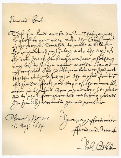 Robert Blake admirális levele az Admiralitás biztosainak, 1654. augusztus 25-én. alkotó: Robert Blake