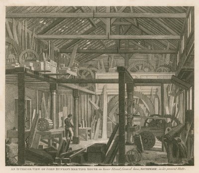 John Bunyan gyülekezeti házának belső képe a Zoar Street-ben, a Gravel Lane-ben, Southwark, jelenlegi állapotában alkotó: Robert Blemell Schnebbelie