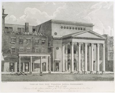 Kilátás az Új Színház Royalra, Haymarket, megnyitva 1821. július 4-én, bemutatja a régi színház relatív helyzetét is a lebontása előtt, metszett Dale, 1822 alkotó: Robert Blemell Schnebbelie