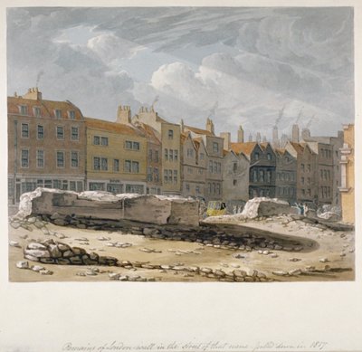 A londoni fal maradványai, amelyeket 1817-ben bontottak le, London City, 1817 alkotó: Robert Blemmell Schnebbelie