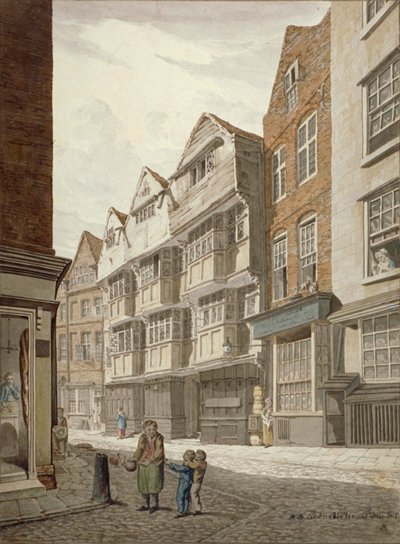 Délnyugati kilátás egy régi favázas házra a Ship Yardban, Westminster, London, 1815 alkotó: Robert Blemmell Schnebbelie