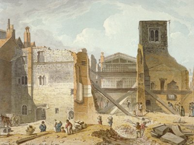 Kilátás a Savoy-palota lebontására, Westminster, London, 1820 alkotó: Robert Blemmell Schnebbelie
