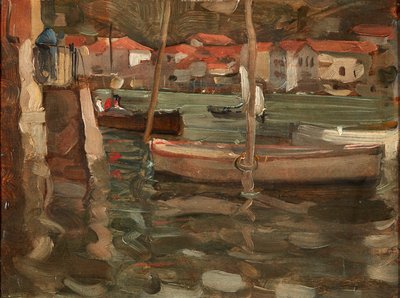 Evezős csónakok a kikötői rakpartnál, Concarneau (olaj, panel) alkotó: Robert Brough