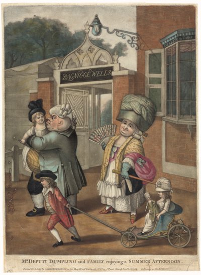 Bagnigge Wells. Gombóc-helyettes úr és családja egy nyári délutánt élvez. alkotó: Robert Dighton