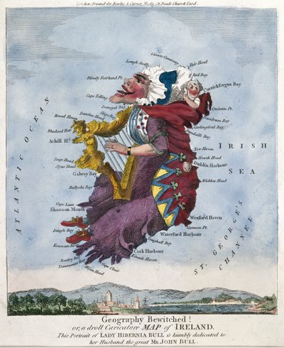 A földrajz megbabonázott! vagy Írország karikatúra-térképe. Lady Hibernia Bullnak ezt a portréját alázatosan a férjének, a nagyszerű John Bullnak ajánljuk. [kb. 1796] alkotó: Robert Dighton
