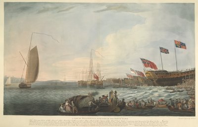 Kilátás Blackwallról, a Dockyard egy részével, a Bombay-kastély kilövésekor, 74 ágyú, a Hon költségén építettek. Kelet-indiai Társaság, és 1782 júniusában bemutatták Őfelségének alkotó: Robert Dodd