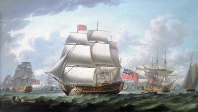A "Victory" elhagyja Spitheadet (Anglia), rajta a vörös zászló és a Rouges ellentengernagy zászlaja, jobbján egy háromárbocos, amelyet a "Queen Charlotte"-ként azonosítottak. alkotó: Robert Dodd
