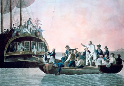 A lázadók elfordítják Bligh hadnagyot és a legénységet a Bounty nevű őfelségei hajóról, 1790 alkotó: Robert Dodd