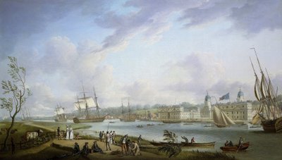 Greenwich látképe, a Temze és a Temze partján folyó tevékenységek leírása, valamint a folyami hajózás, az árapály jelentőségének figyelembevételével. Olaj, vászon alkotó: Robert Dodd